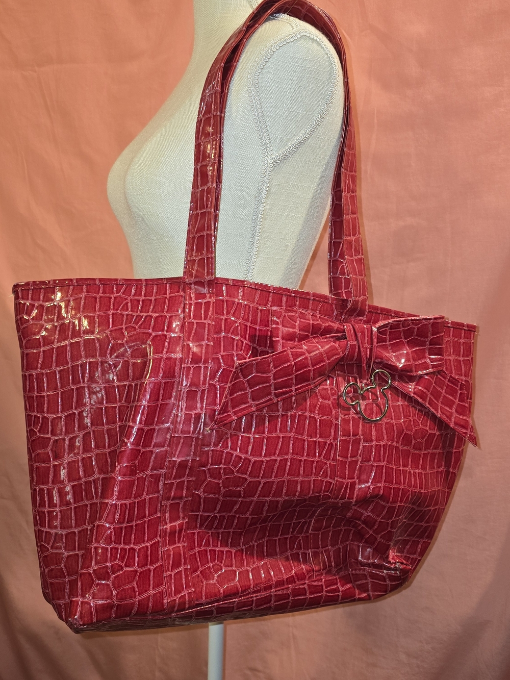 Disney Original Red Croc-Embossed Tote with Bow Accent For Beach Or Pool